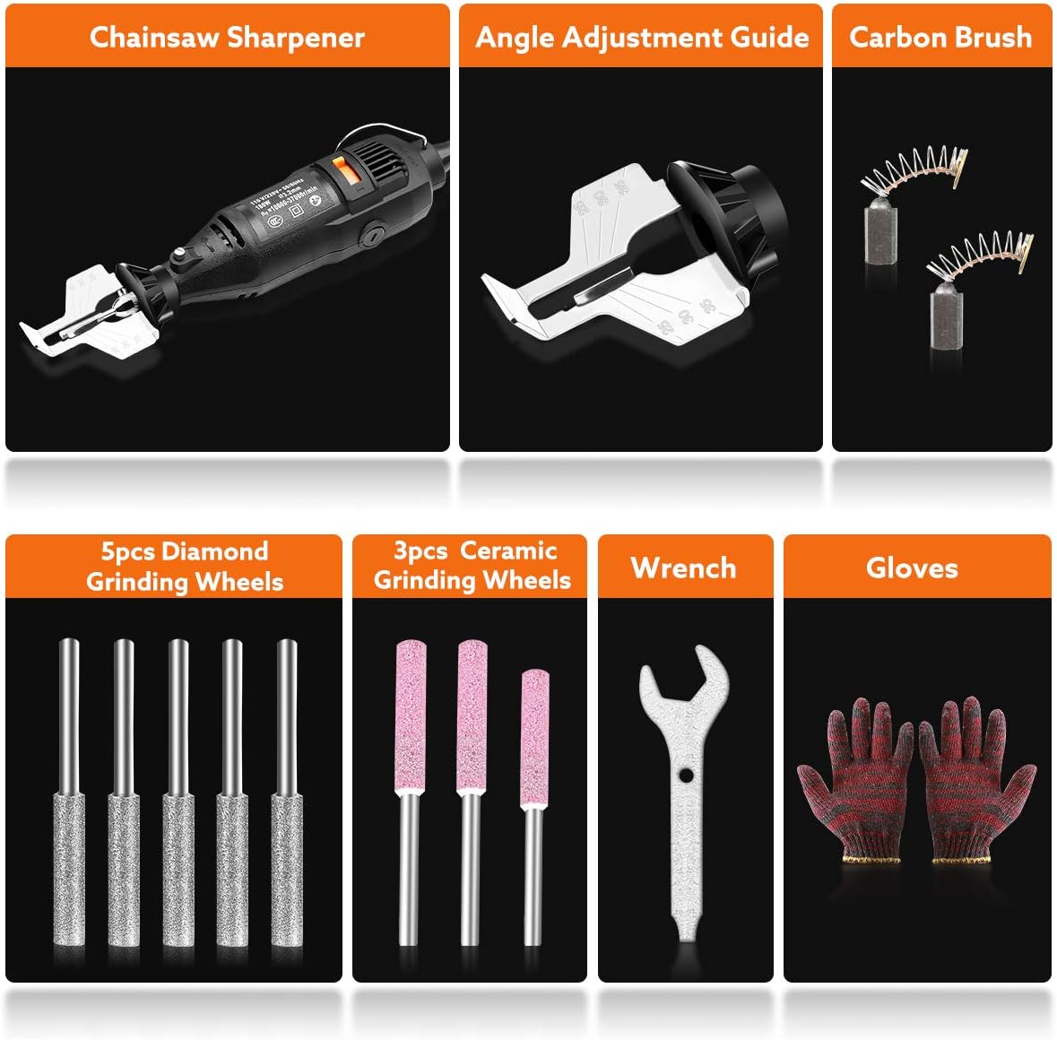 Seesii Electric Chainsaw Sharpener Kit, 180W Power Chain Saw Sharpen Tool Set, Electric Blade Sharpening File, 8000~35000 RPM 8 Speed Adjustable, with 9pcs Sharpening Wheels, Angle Attachment : Garden & Outdoor