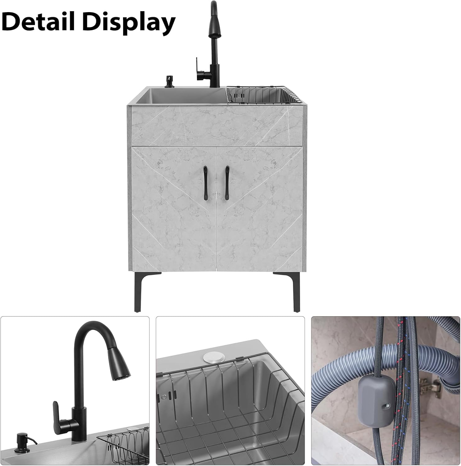 24inch Utility Sink with Cabinet, Freestanding Laundry Sink with Cabinet Stainless Steel Kitchen Sinks with Pull-Out Faucet and Draining Basket for Bathroom Kitchen Commercial Places