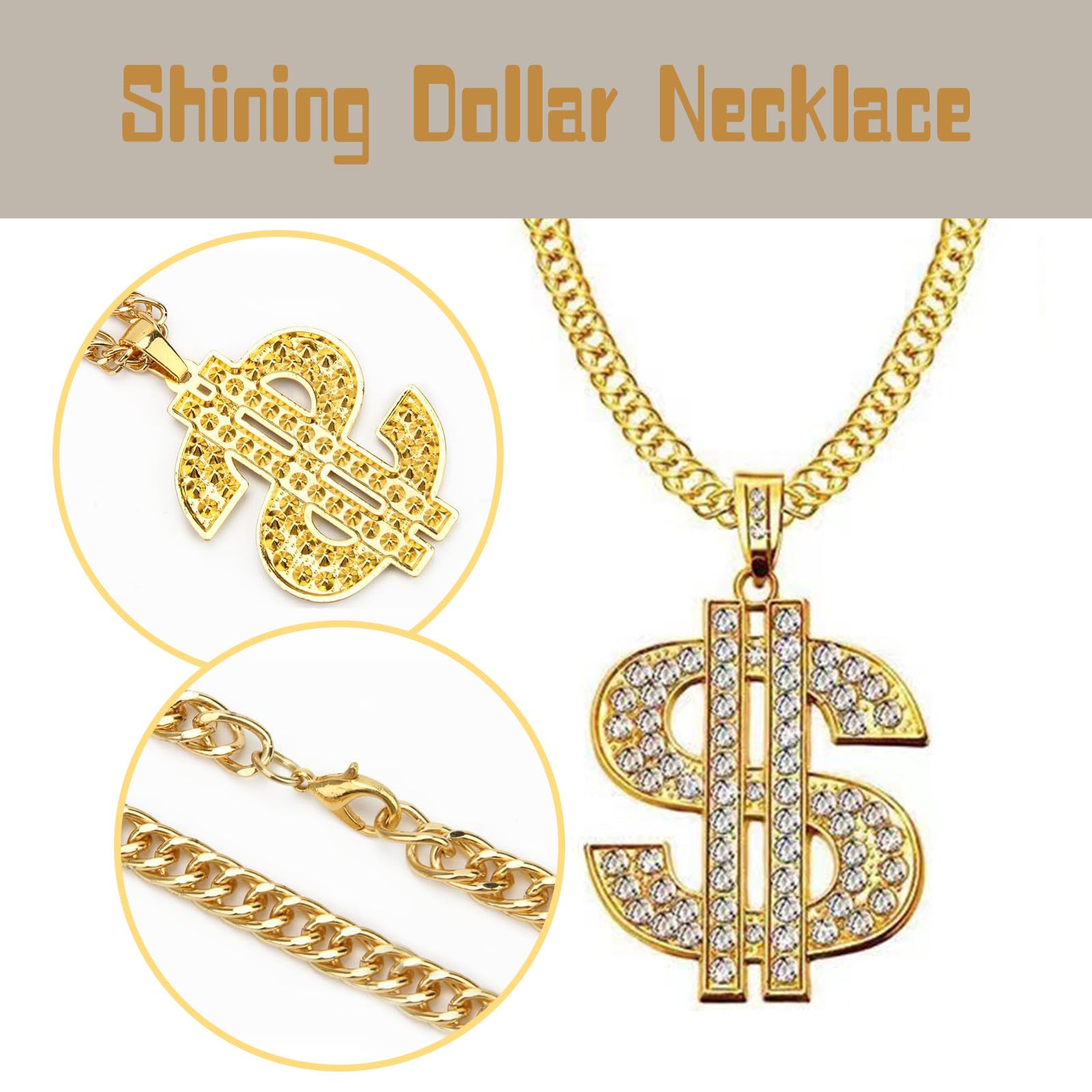 80s 90s Hip Hop Costume, 10Pcs Hippie Rapper Costume Accessories with 1 Gold Dollar Chain Necklace, 1 Bracelet, 5 Rings - Image 3