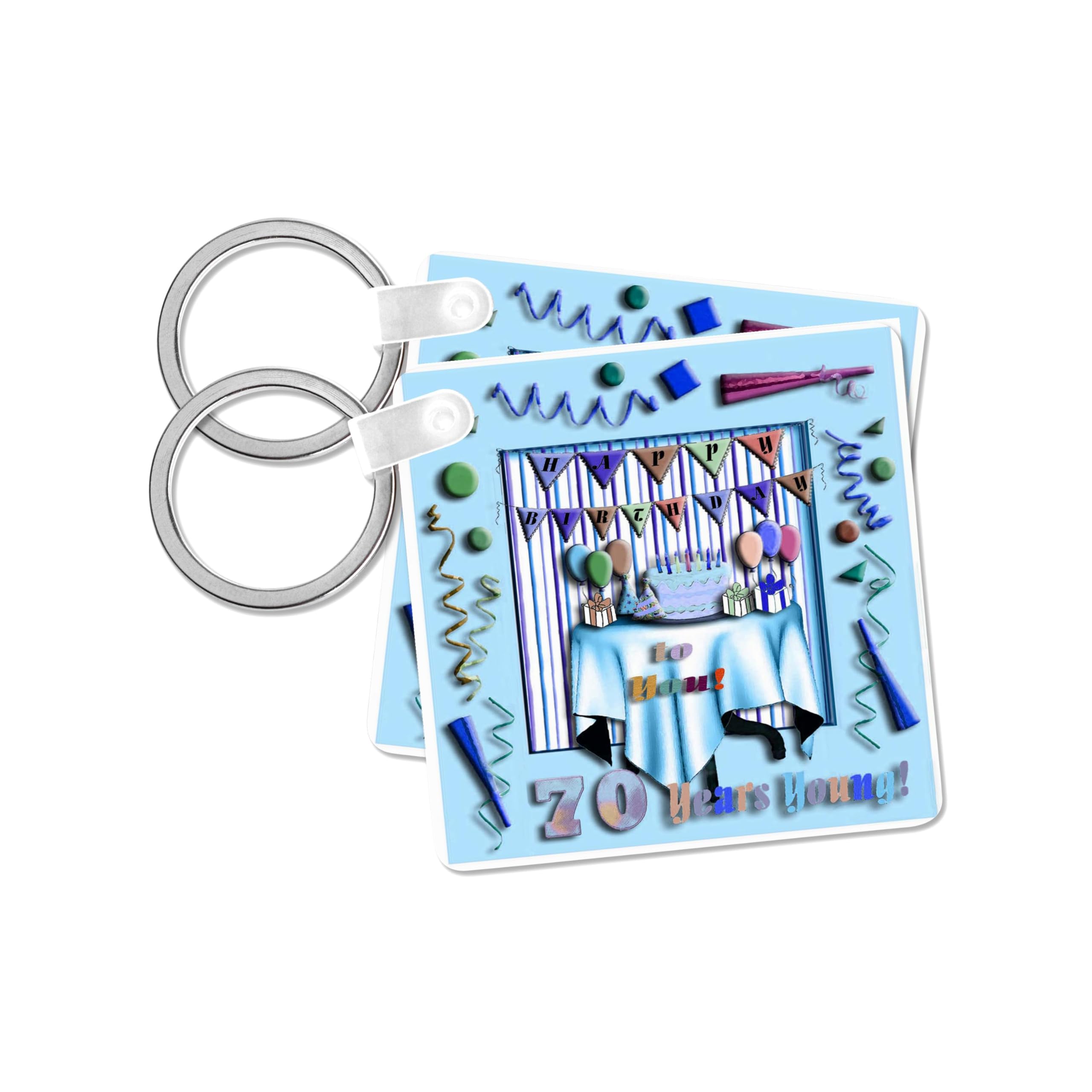 3dRose, Birthday Room in Blue Happy Birthday to You 70 Years Young, set of 2 Key Chains