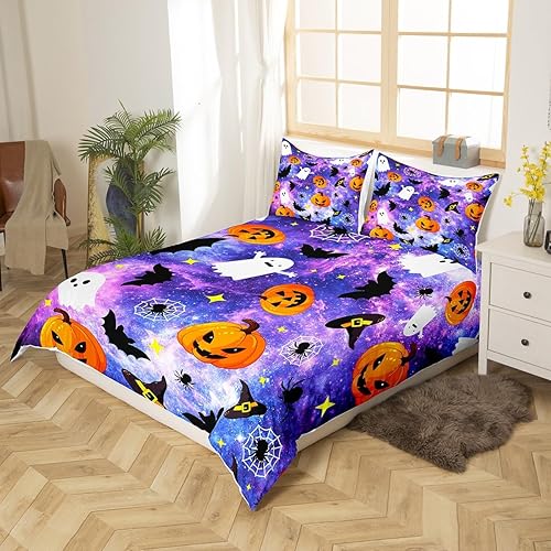 Miniatura 5 de Manfei Juego de funda de edredón de Halloween, tamaño matrimonial, con temática de galaxia, calabaza, farol, fantasmas, con 2 fundas de almohada,