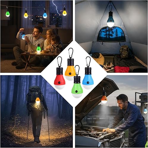 Miniatura 3 de Juego de faroles LED para camping, bombillas portátiles para tienda de campaña con ganchos de clip, paquete de 4 luces de emergencia multicolor para