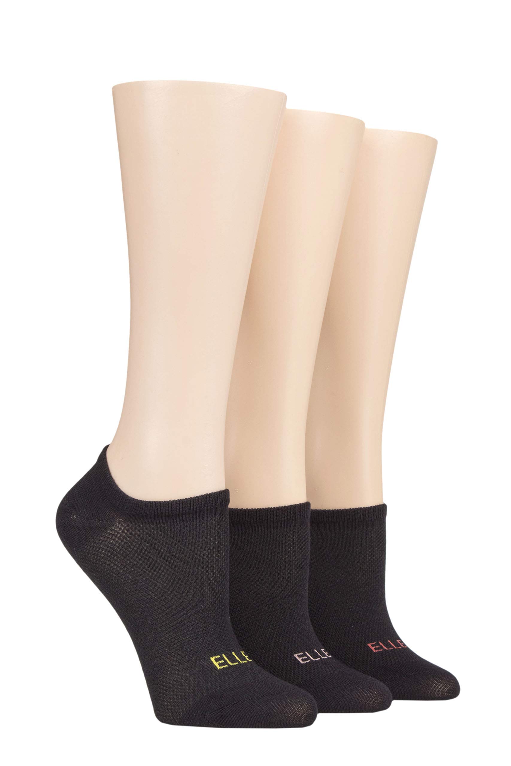 ELLE Ladies 3 Pair Sport Mesh Bamboo No Show Socks - Black 4-8