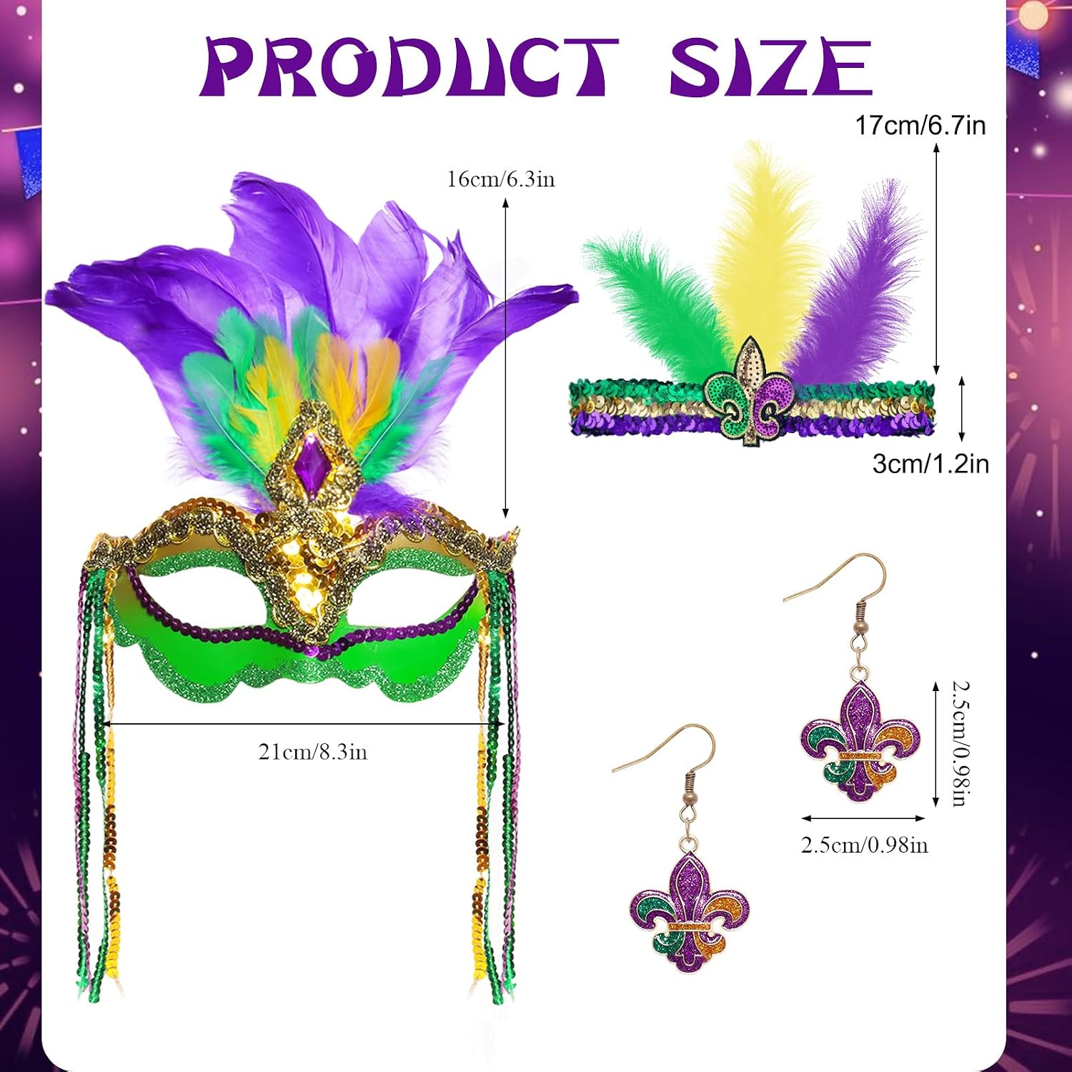 7Pcs Mardi Gras Costume Accessory Outfit Set Faux Feather Headband Headpiece Sequin Fascinators Mask Mardi Gras Beads Necklaces Earring Feather Boa for Women Men Carnival Halloween Party Favor