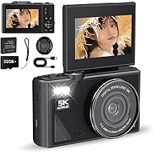 Digital Camera, 5K Recording, Digital Camera, 75 Million Pixels, WiFi Transmission Function, 180  Rotatable Display to Smartphone, 32GB Card Included, 18x Digital Zoom, Auto Focus Function