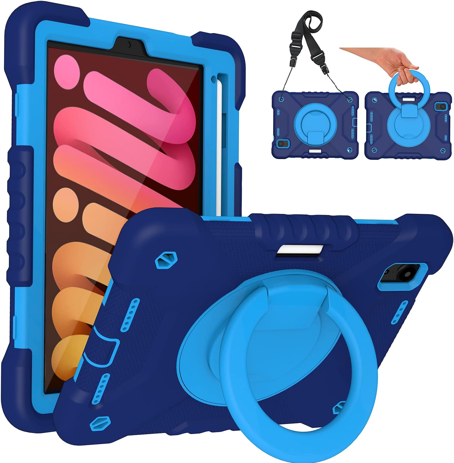 Custodia Cover iPad Mini 6 (8.3 Pollici 2021), Resistente agli urti Protettiva Cover Antiurto con Supporto Rotante 360°/Cinturino da Polso/Tracolla Regolabile e Portamatite