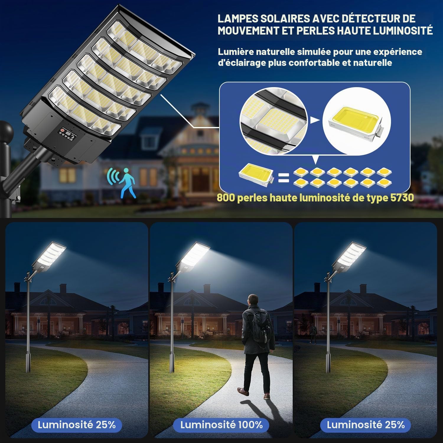 LEKIA Lampadaire Solaire Exterieur, 8000W 6500K Lumiere Solaires avec Détecteur de Mouvement, Télécommande, IP66 Étanche Spot Solaire Puissant Projecteur LED Exterieur pour Jardin, Yard, Parking Lot