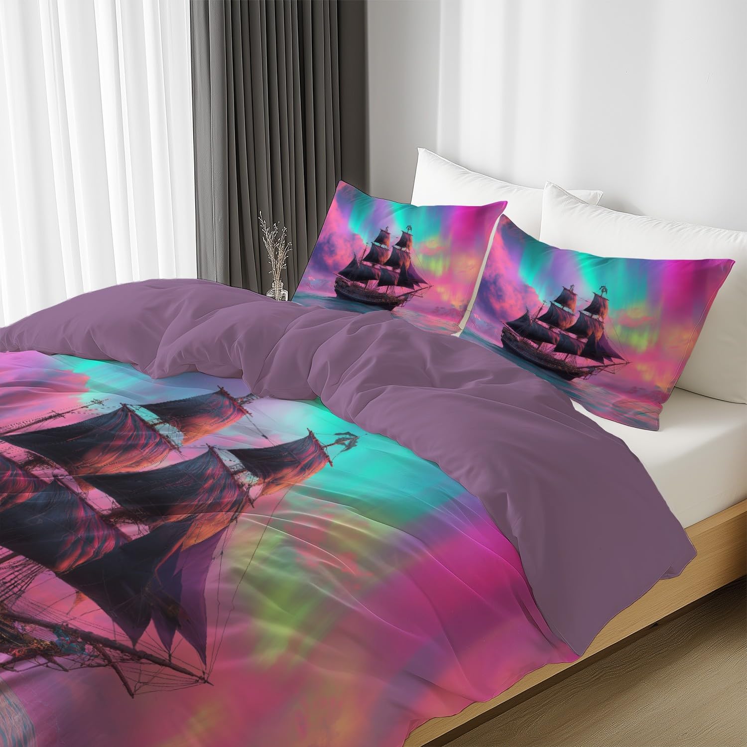 Łatwa pielęgnacja kolorowa żywa poszewka na kołdrę na żaglówkę Aurora 259 cm x 221 cm zestaw pościeli z mikrofibry wystrój pokoju odporna na blaknięcie pościel zestaw poszewek na kołdrę poszewka na