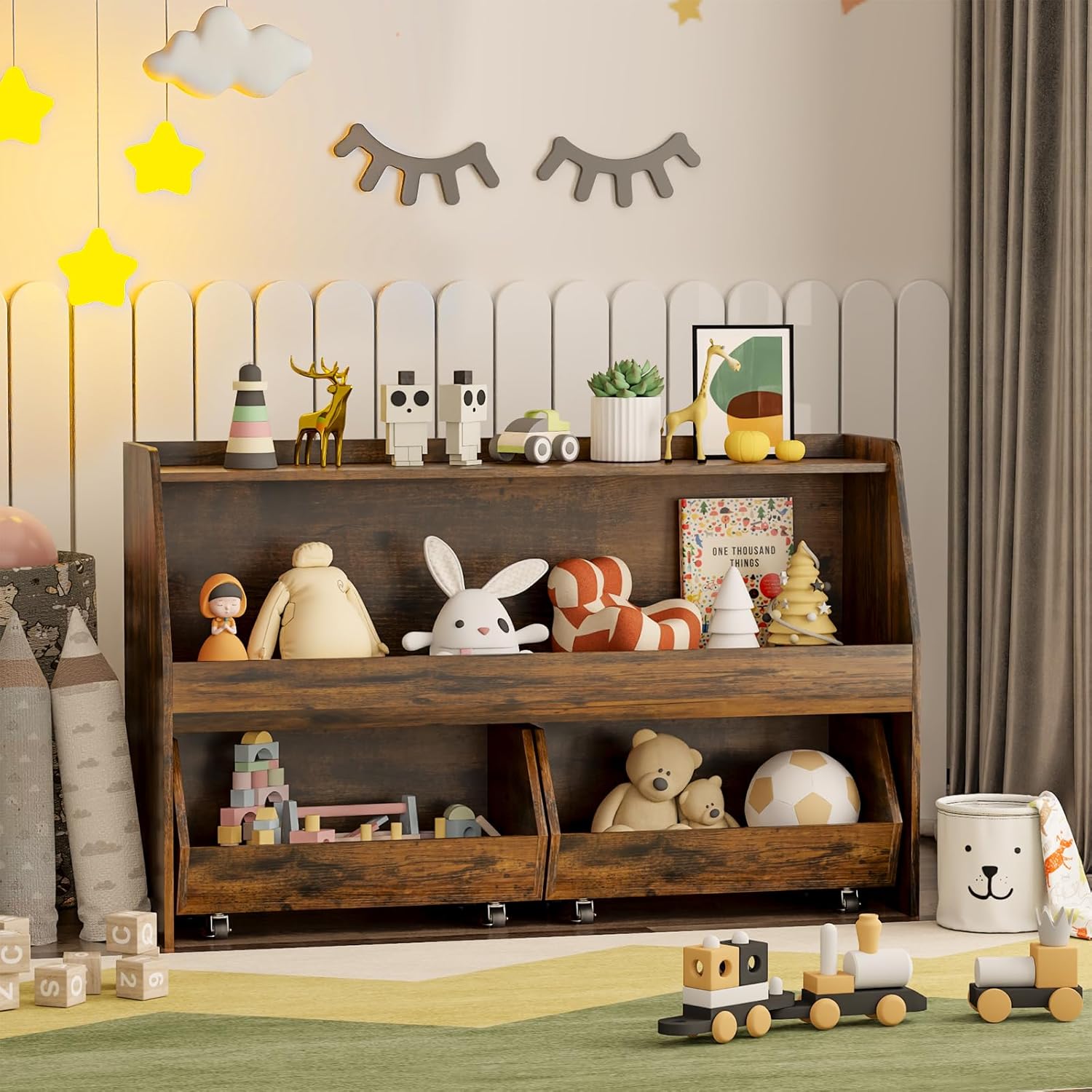 COZPAW Toy Storage Organizer, 2 Tier Montessori Shelf with Movable Bins (Brown)