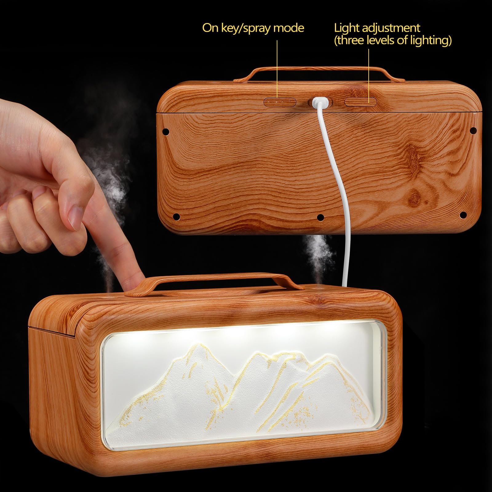 Humidificador Portátil para Dormitorio Diseño de Vetas de Madera y Escena de Montaña, Capacidad de 600 Ml, Decorativo y Silencioso para Uso Personal