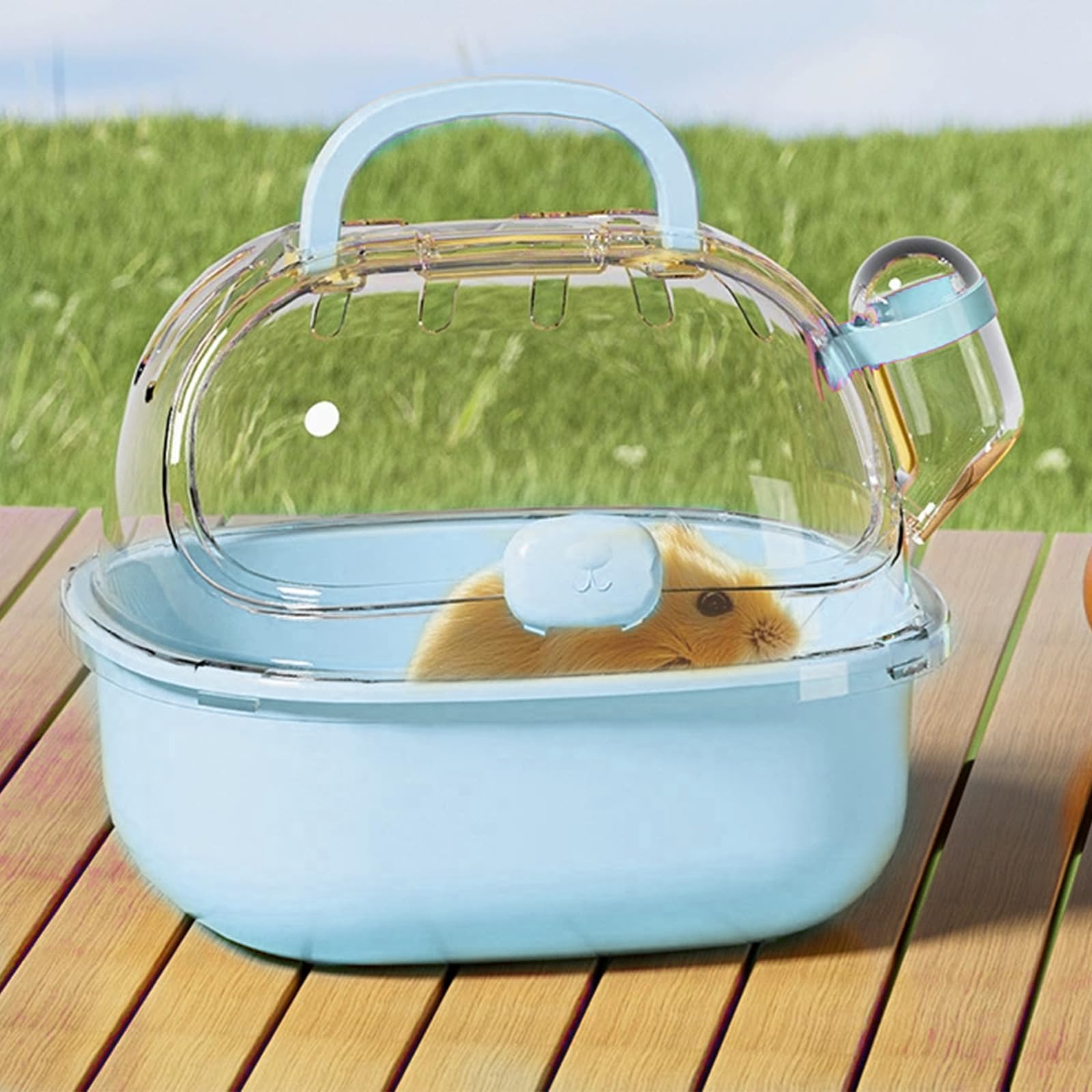 Cage de transport portable pour hamster avec bouteille d'eau, 20 x 18 x 19 cm, avec fentes d'aération, pour gerbilles, souris, hamsters nains (bleu)