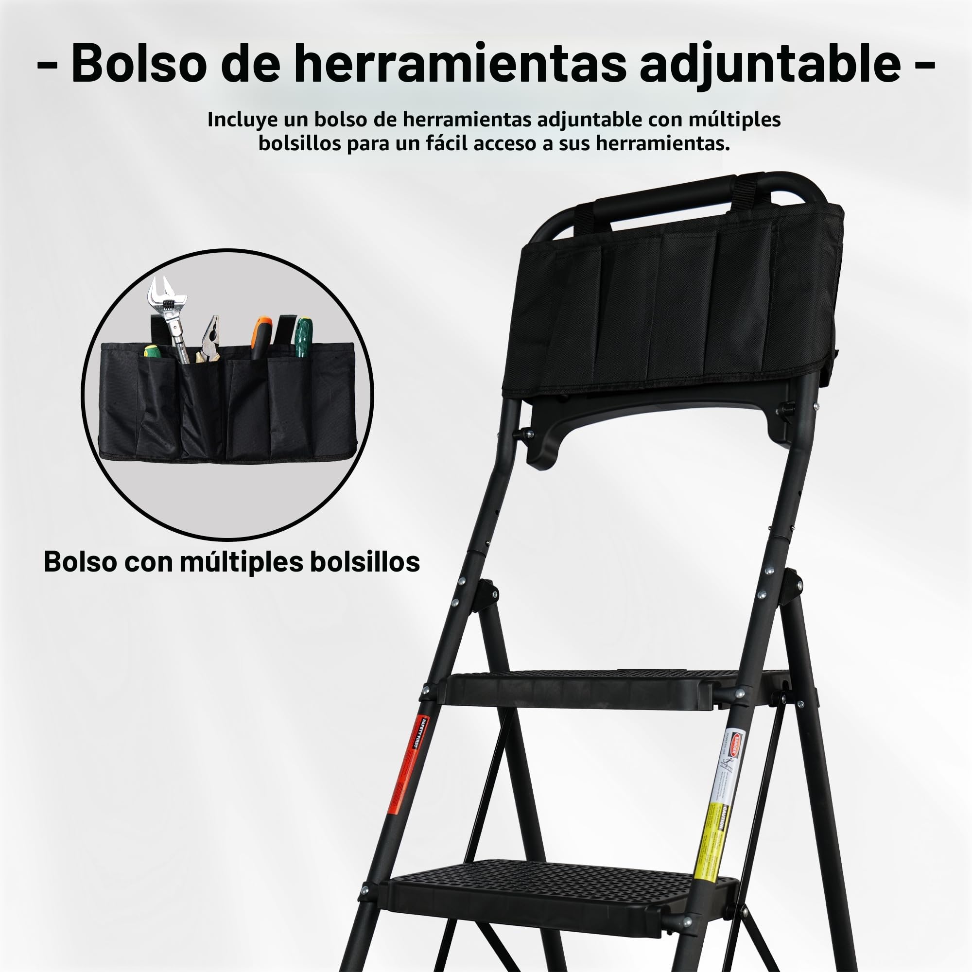 BONTEC Escalera Plegable de 5 Escalones con Bolsa y Bandeja, Pedales Anchos Antideslizantes, hasta 150 kg, con Pasamanos para Cocina, Despensa, Armarios y Garaje, Negra