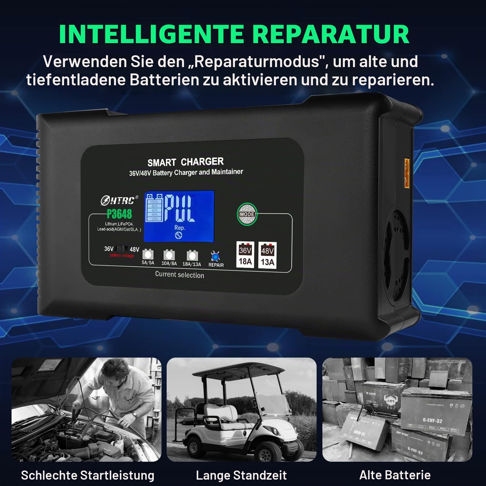 Haisito P3648 Ladegerät Autobatterie 36V 18A/48V 13A, Intelligent Schnell Batterieladegerät KFZ, Erhaltungsladegerät Desulfator für Lithium LiFePO4 Bleisäure AGM Auto Motorrad Golfwagen EZGO TXT