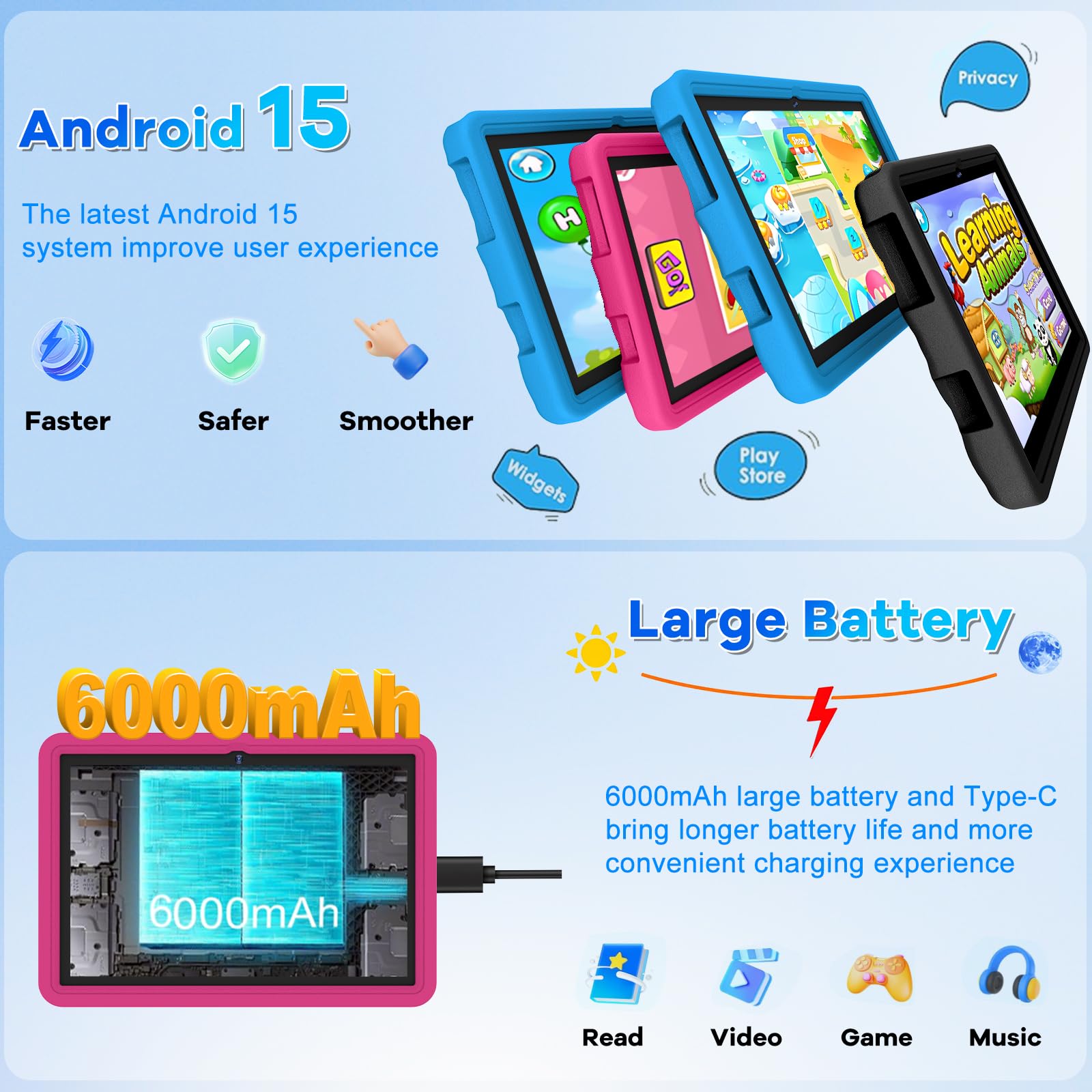 DMOAO Tablet Bambini 10 Pollici Android 15 con 30GB RAM, 5G Wi-Fi 6, 64GB ROM(2TB), Control Parental, Octa-Core, 8MP+5MP, 6000mAh, Custodia Protettiva EVA + Supporto Girevole a 360°, Rosa Rosso