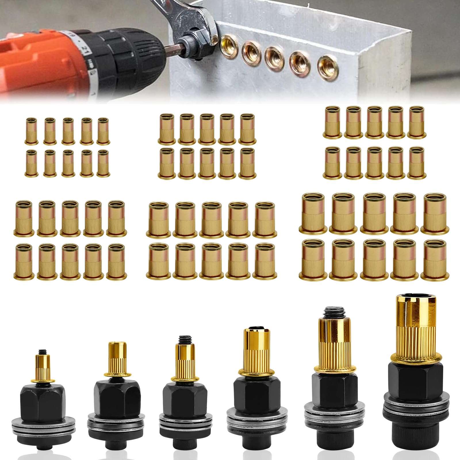 6 Pcs Blind Nut Rivet Pliers Set M3 M4 M5 M6 M8 M10 Includes 60pcs Blind Rivet Nuts for Sheet Metal Aluminum Car