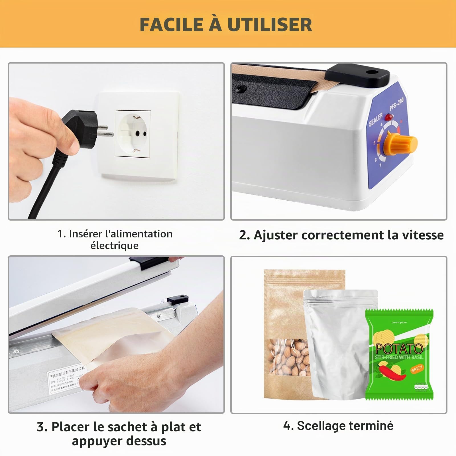 Scelleuse Thermique 200 mm, Thermoscelleuse Machine, Impulse Heat Sealer, Machine à Sceller à Chaud, Soudeuse Thermique, Thermoscelleuse, pour Sacs en Plastique, PE, PP, Mylar