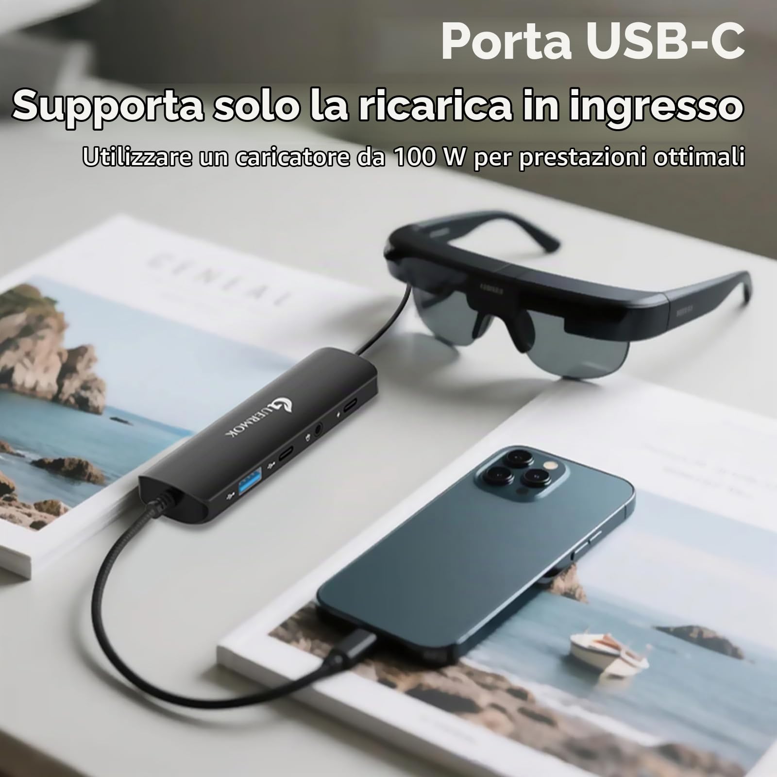 Guermok Adattatore 5-in-1 da Usb-C a occhiali AR, ricarica rapida 100W PD, video 8K@60Hz, porte Usb-C - per X-real Air/2 Pro/One, RayNeo Air, Rokid, Switch, Steam, Phone 15/16, Nero