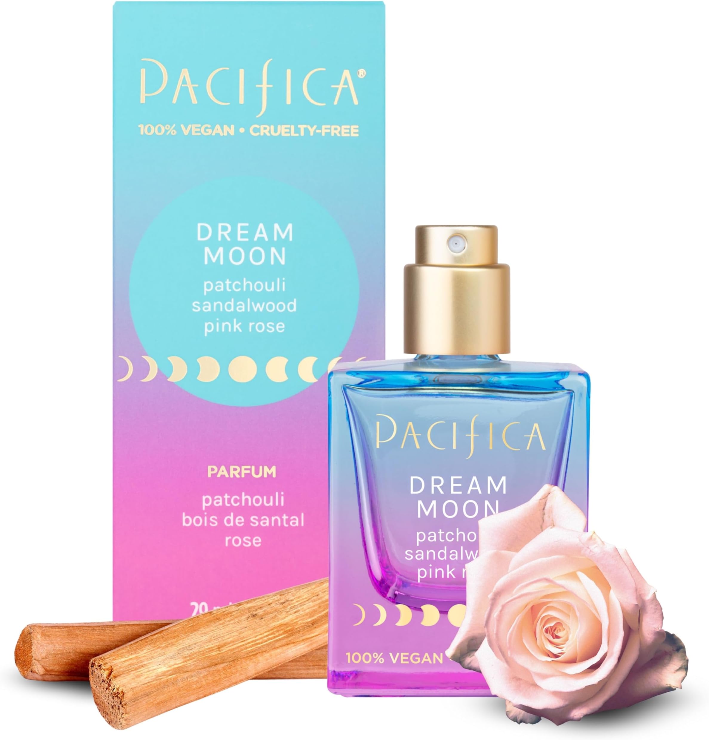 Pacifica Beauty | Dream Moon Spray Perfume | Pink Rose, Sandalwood, Patchouli Notes | Natural + Essential Oils | Clean Fragrance | Vegan + Cruelty Free