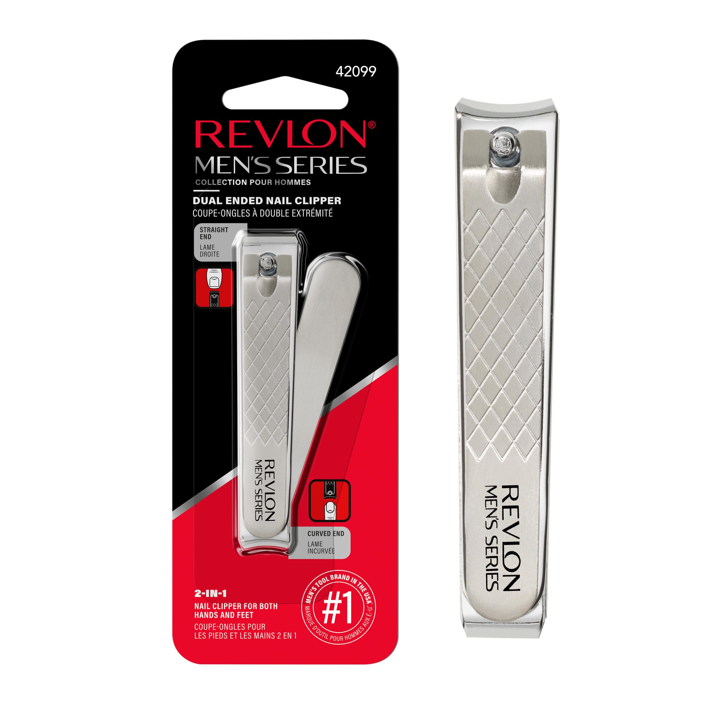 Revlon Dual-Ended Nail Clipper for Men, Straight & Curved Edges, for Fingernail & Toenail Trimming, Stocking Stuffer for Him, Stainless Steel, 1 Count