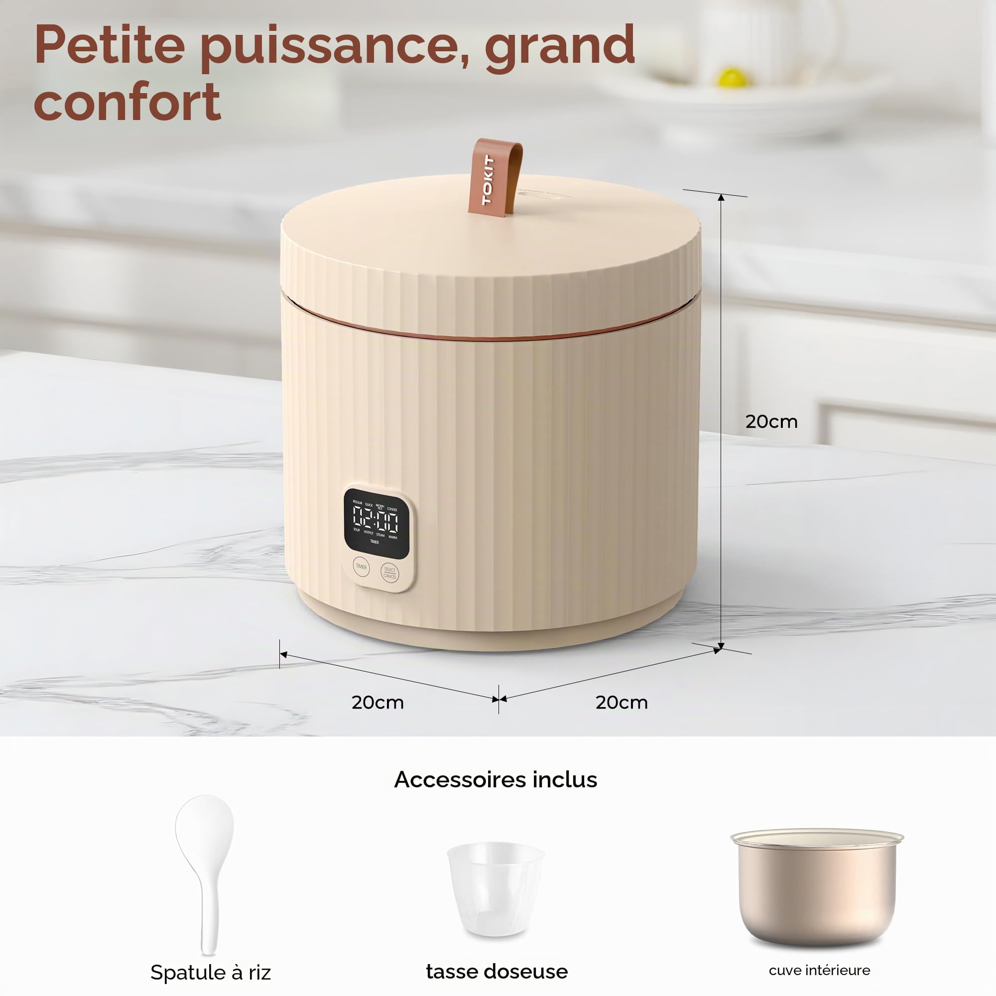 TOKIT Cuiseur à Riz 1,5L Mini Multifonctions pour 1-3 Personnes Marmite à Riz Intérieure Antiadhésive à Revêtement Céramique (Beige)