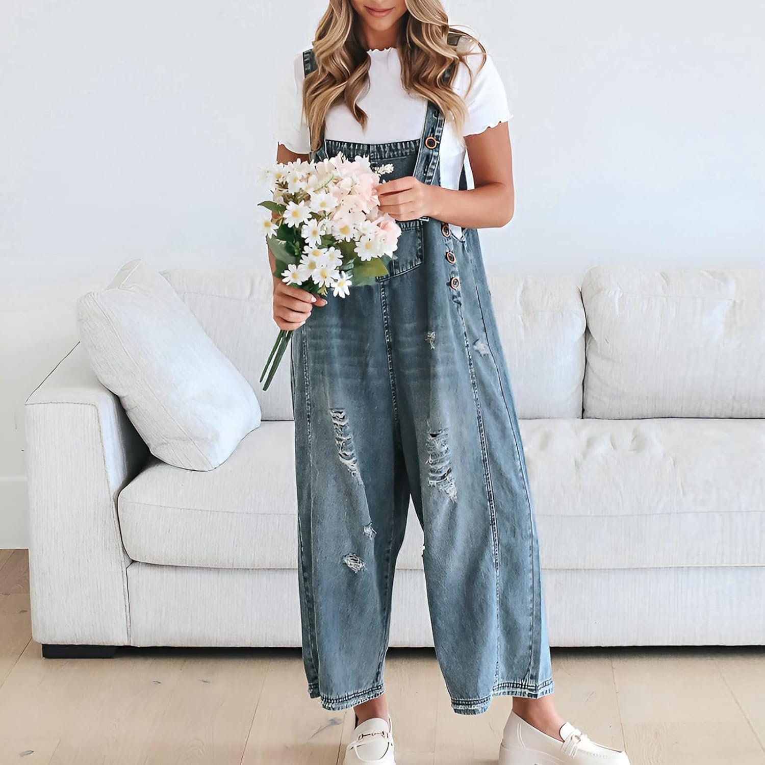 Women's Distressed Denim Overall Loose Fit Jeans Bib Overalls Y2k Vintage Wide Leg Ripped Baggy Jumpsuit 2025 S-XL - Image 2