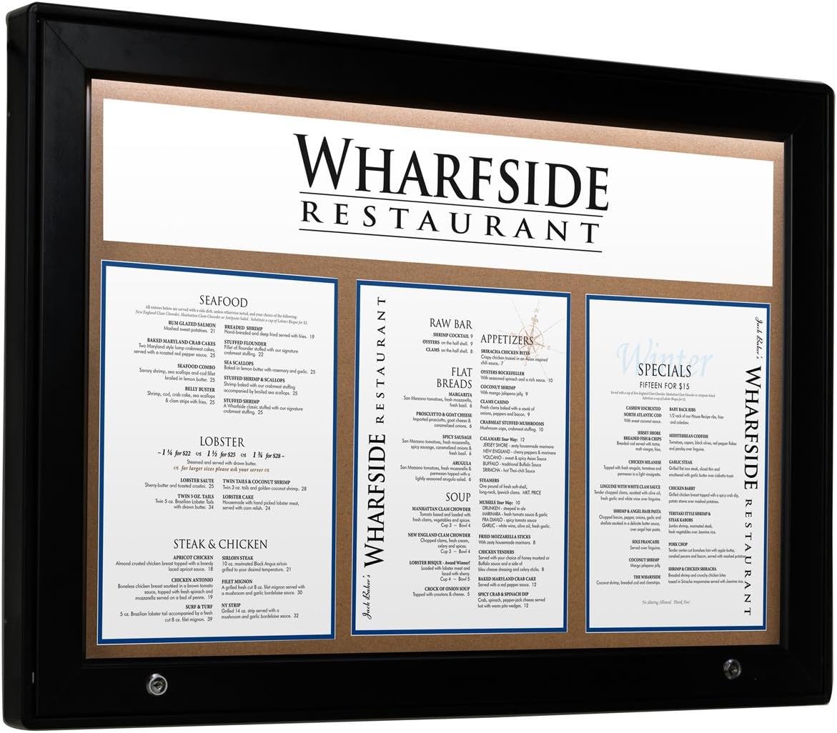 Enclosed Bulletin Board for Outdoor Use, with 31x21 Window, LED Illuminated Cork Display Surface, Locking Swing Open Door, Aluminum (Black)