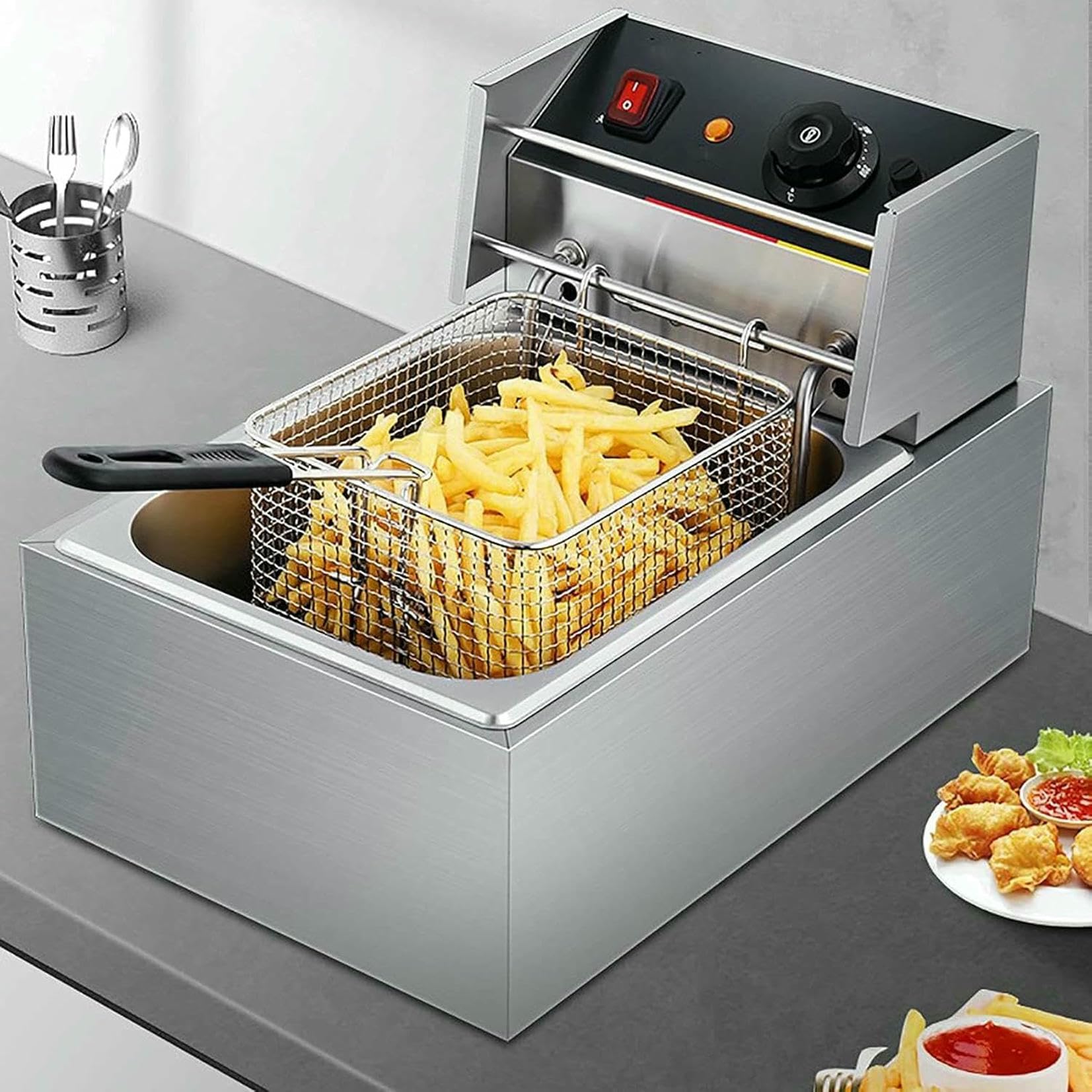 Friggitrice elettrica Professionale con cestello, friggitrice Professionale da 10 Litri, friggitrice elettrica da banco in Acciaio Inossidabile da 3000 W con Coperchio e cestello~/