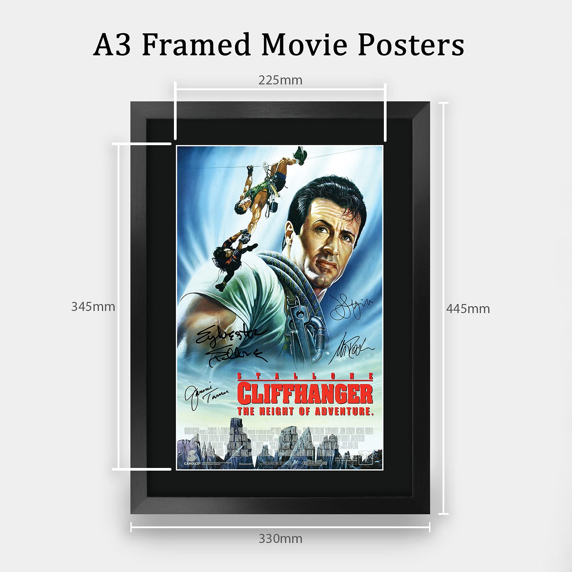 HWC Trading FR A3 Cliffhanger Sylvester Stallone Gifts Gedrucktes Poster, signiertes Autogramm, Bild für Film-Fans, A3 gerahmt