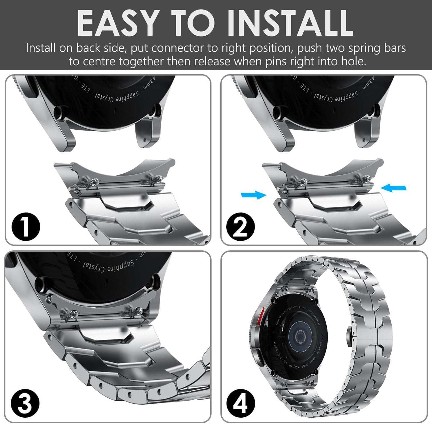 WINGLE Metal Bands for Samsung Galaxy Watch 7 6 5 4 Band Galaxy Watch 6 Classic/5 Pro/4 Classic/FE Band Men 47mm 43mm 45mm 44mm 40mm 46mm 42mm, No Gap Solid Stainless Steel Link, Silver