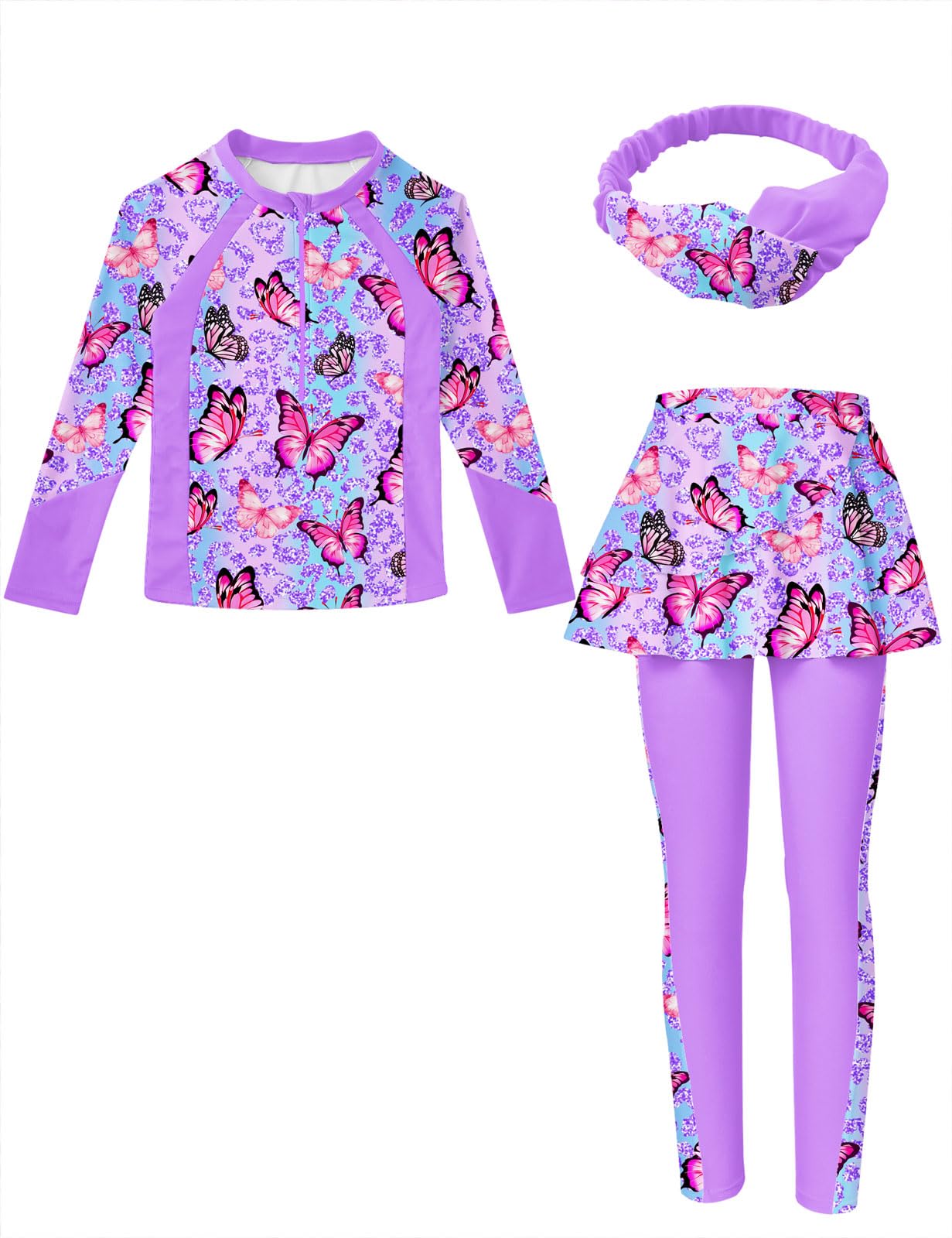Girls Long Sleeve Rashguard Half Zip Swimsuits UPF 50+ Two Piece Swim Sets with Hairband 5-12Y | Two Piece Swim Sets with Hairband