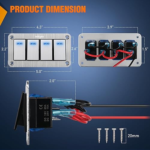 Vista 88 de Nilight Panel de interruptor basculante de 4 bandas, 5 pines de encendido y apagado, soporte de aluminio de 12 V, 24 V, interruptores Verde