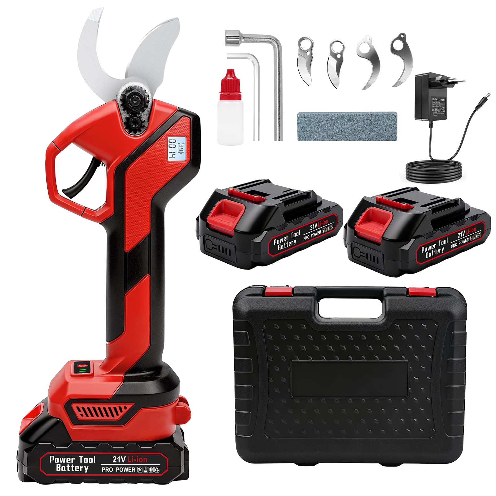 Cesoie elettriche senza fili 40 mm, cesoie professionali a batteria con 2 batterie ​ 1500 mAh e motore brushless ​ 600 W, forbici elettriche con display LCD, per alberi e alberi ​ frutto