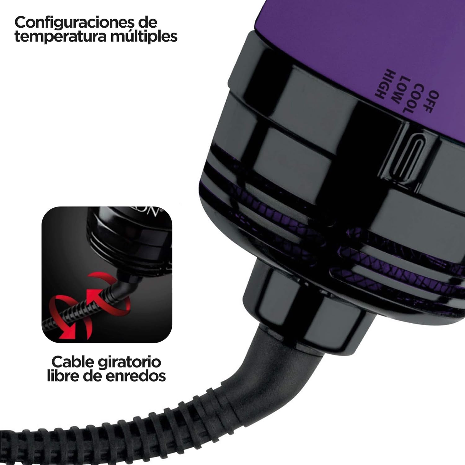 Close-up of the temperature settings dial (Off, Cool, Low, High) and the tangle-free swivel cord.
