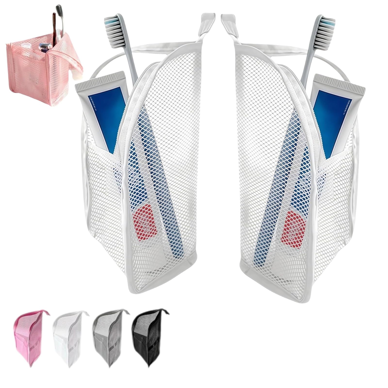 Standing Toiletry Bag, Portable Lightweight Travel Toiletry Bag, Multi-Compartment Bag For Women, EVA Mesh,Standing Makeup Bag For Travel, Toothbrush, Toothpaste(White,2pcs)