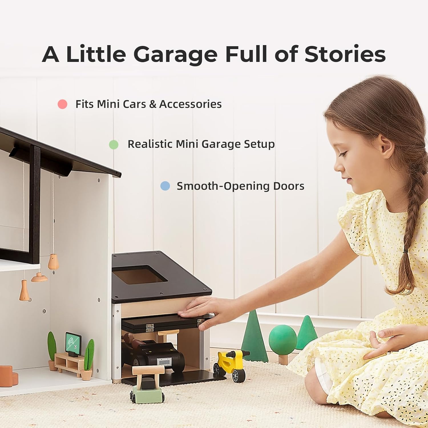 OOOK Wooden Dollhouse Garage Set Includes Workbench, Lawn Mower, Bicycle and Car, Dollhouse Furniture & Accessories for Kids