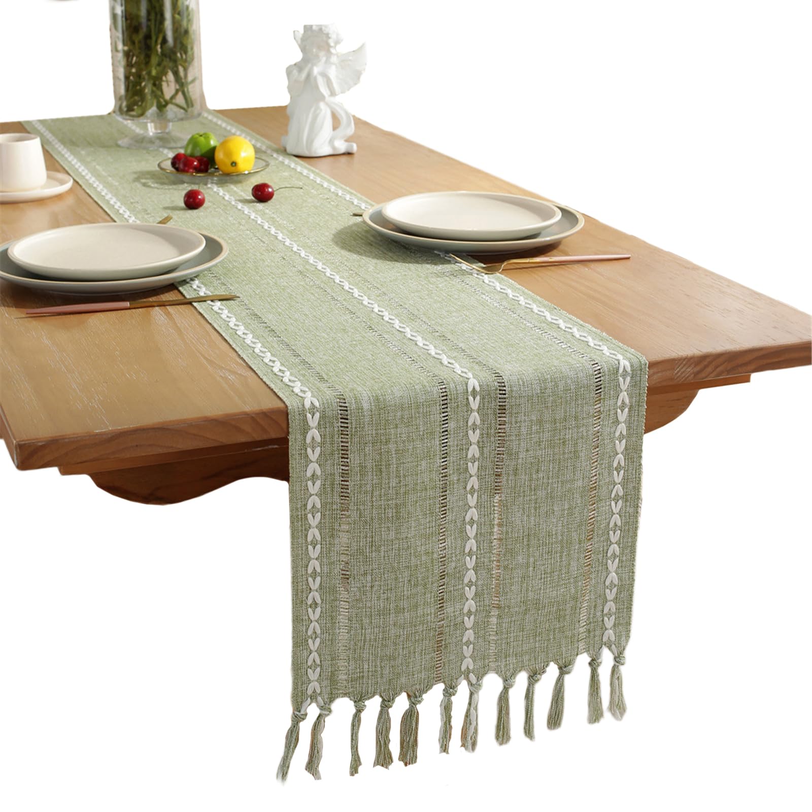Green Boho Table Runner with Tassels - 33x143cm Hollow Out Polyester Tablecloth with 4 Clips for Spring Easter Kitchen Dining Table Decor, Rustic Farmhouse Holiday Party Decorations