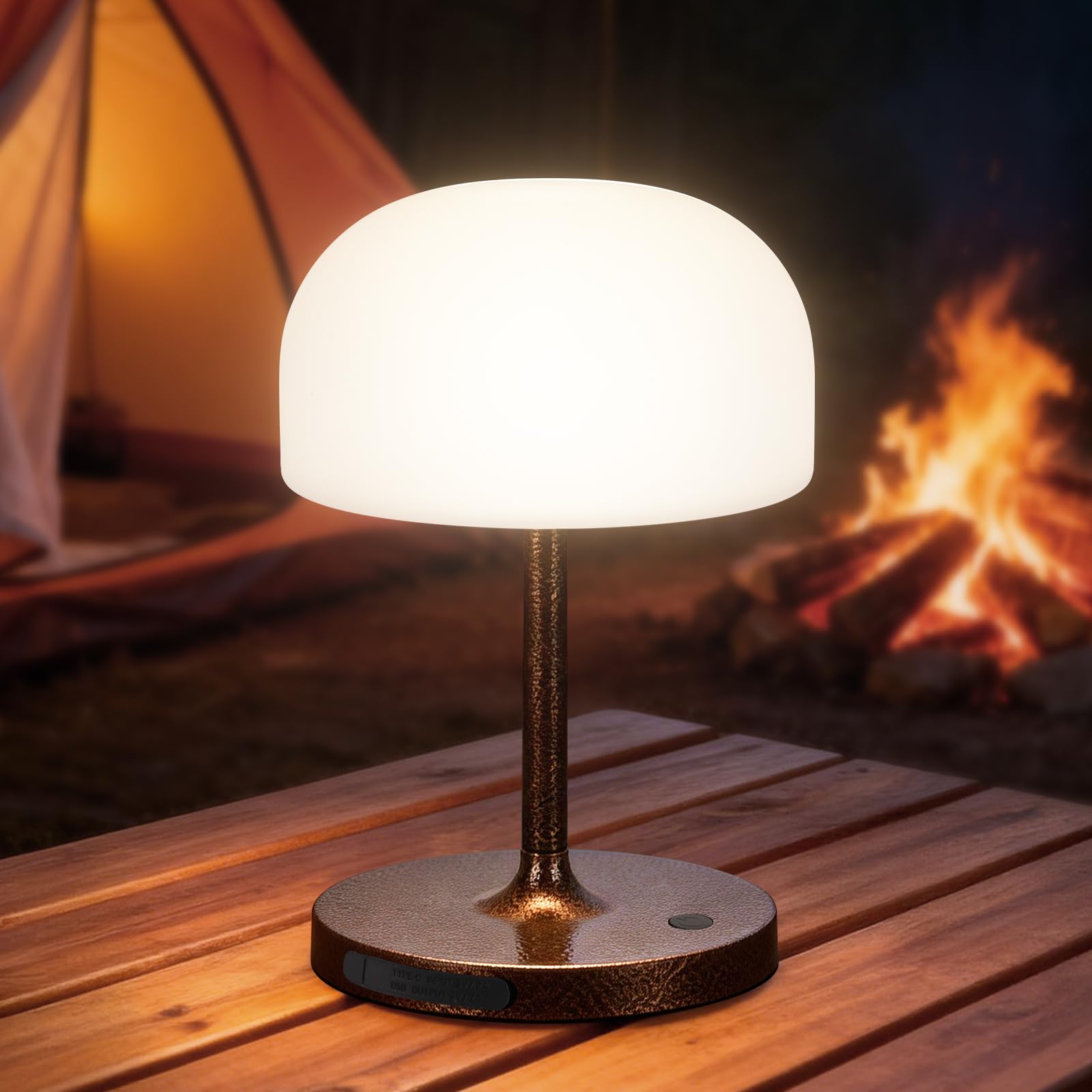 Vikdio Cordless Table Lamp, Waterproof 4000mAh Rechargeable Mushroom Lamp, Small Touch Light for Outdoor Indoor Bedroom Bathroom Camping Patio, Shower Lamp with Mushroom Lampshade - Antique Bronze