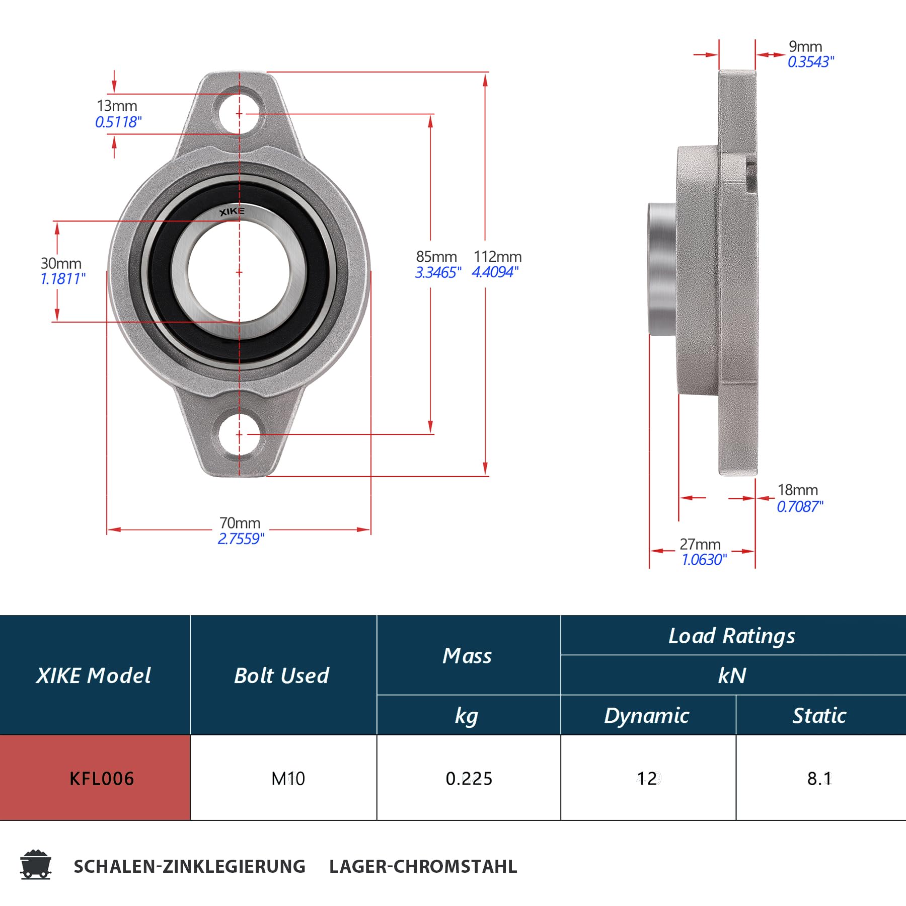 XiKe 4 pezzi KFL006 foro 30 mm lega di zinco montato cuscinetto sferico tipo flangia autoallineante Adatto per stampanti 3D ecc.