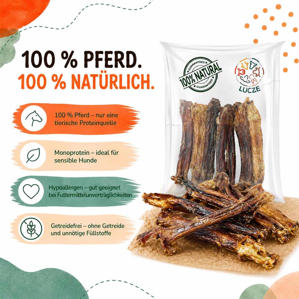 Pferdesehnen für Hunde getrocknet, Pferdeleckerli & Kausnack Pferd, 100% Pferd, Monoprotein, hypoallergen, luftgetrocknet, ohne Zusatzstoffe, getreidefrei, 1kg