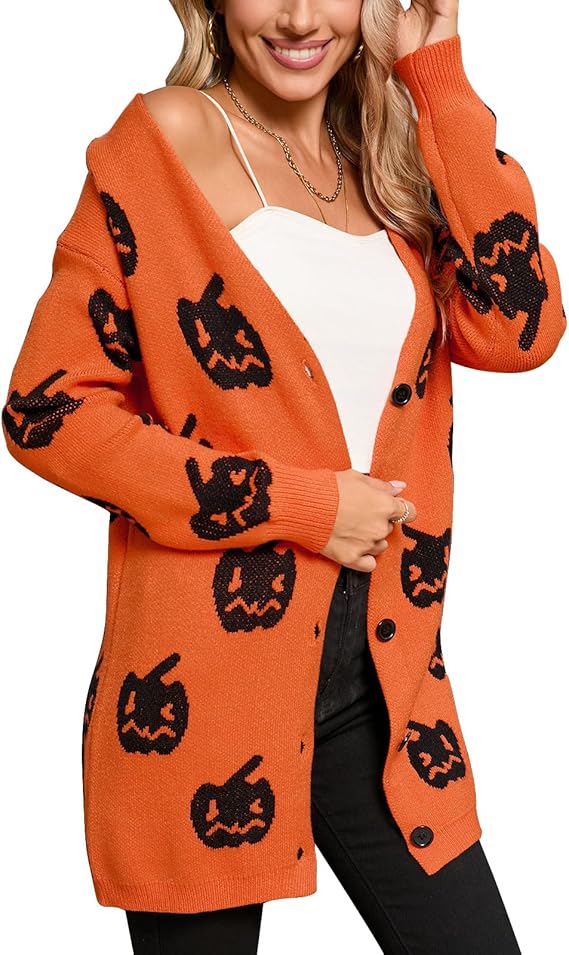 Womens Halloween Long Sleeve Open Front Cardigan Casual Loose Cute Heart Knit Cardigans