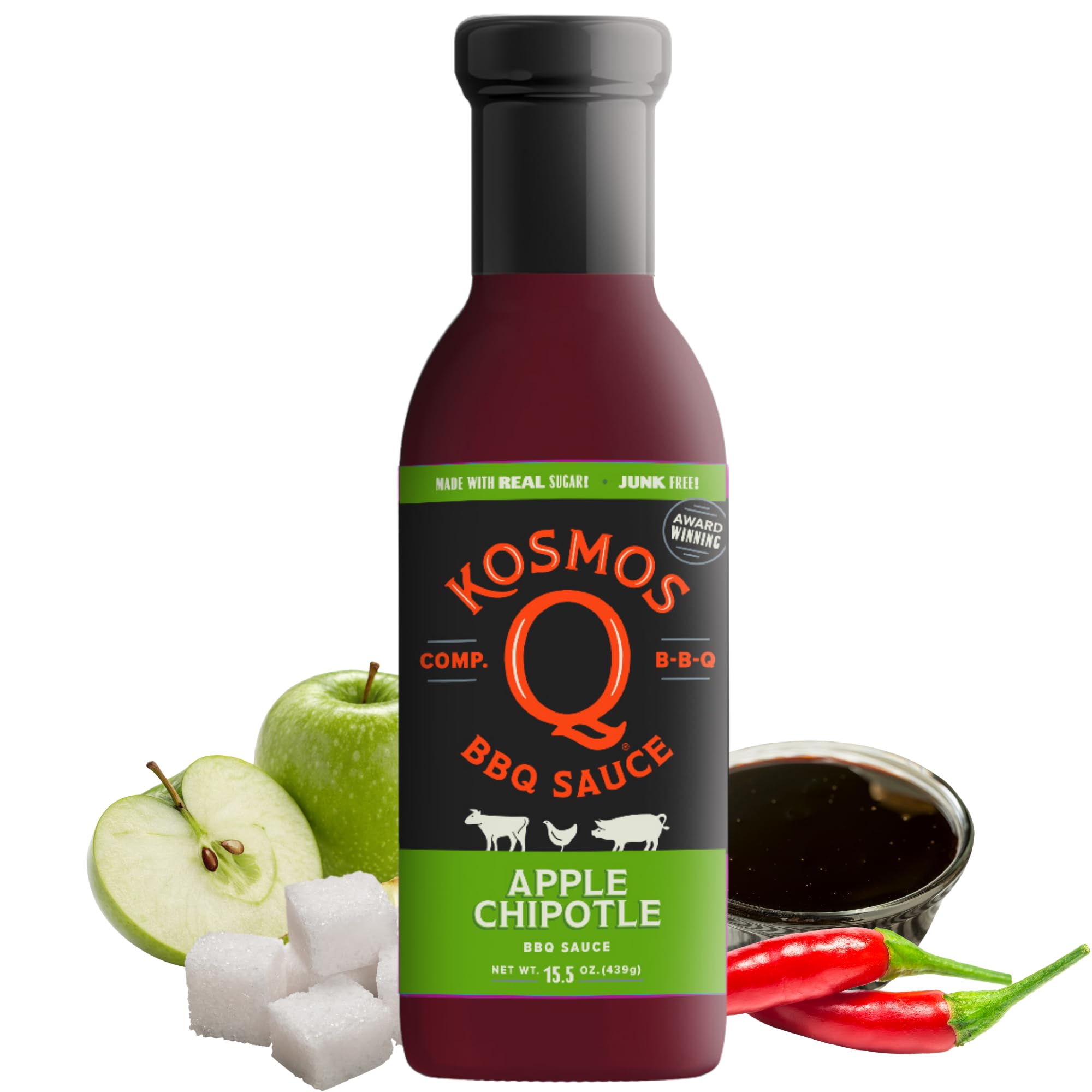 Kosmos Q Sweet Apple Chipotle BBQ Sauce, Tangy Natural Barbecue Sauce with Real Apples & Spicy Chipotle Peppers, Sweet & Spicy Glaze for Pork, Chicken, Ribs & More, Gluten Free, 15.5 Oz Bottle