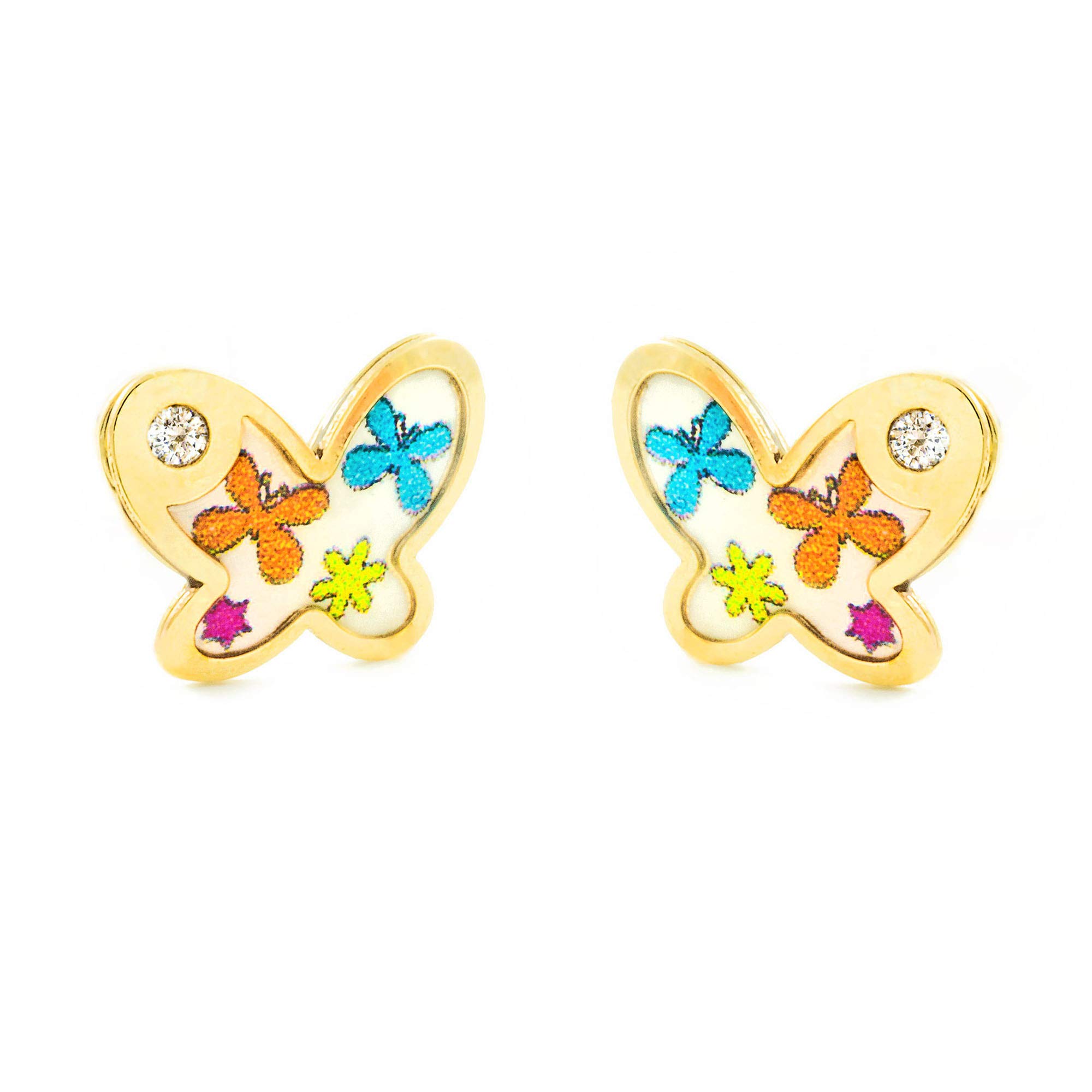 Monde Petit Pendientes Oro Bebe o Niña Mariposa esmalte colores circón (9kts) - Estuche Regalo - Certificado de Garantía - Mondepetit