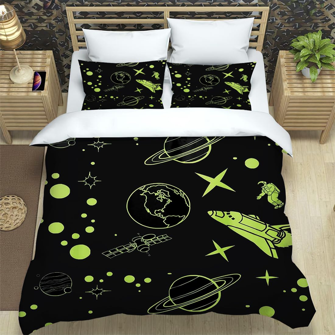 3 Piece Kids Duvet Cover Sets Twin Size 3D Digital Universe Series Green Planet Bedding Set Cartoon Printed Soft Quilt Cover for Boys and Teens (1 Duvet Cover Set + 2 Pillowcases) (088)