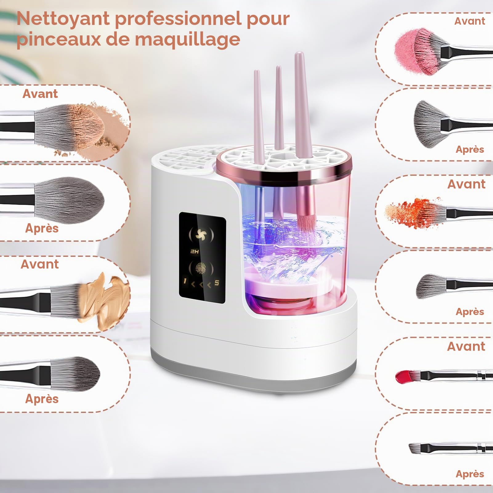 Nettoyeur automatique de pinceaux de maquillage 3 en 1 avec nettoyeur automatique de séchage et de stockage, nettoyeur de pinceaux de maquillage électrique Outil de nettoyage pour tous les