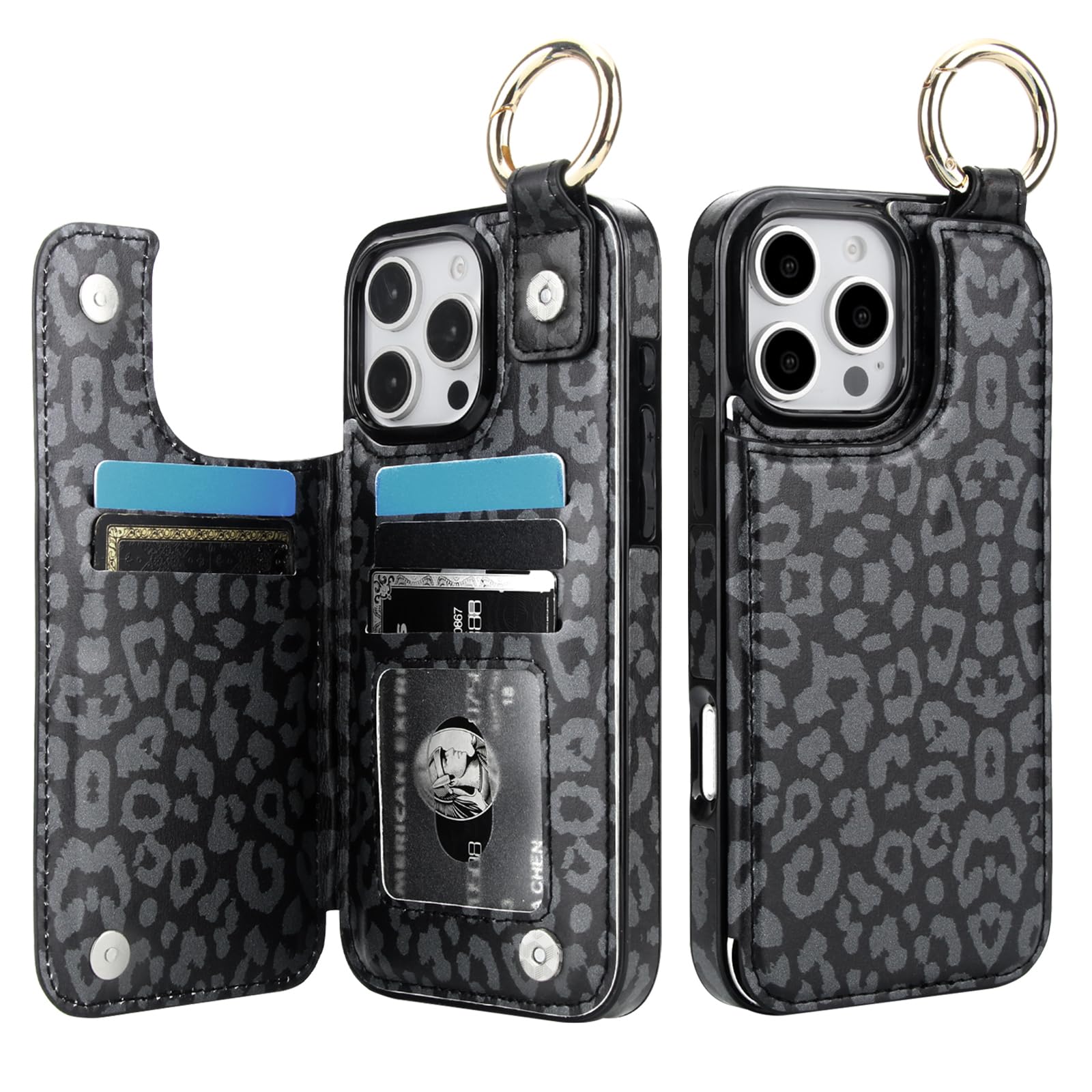HAOPINSH for iPhone 16 Pro Max Wallet Case with Card Holder, Black Leopard Cheetah Print Back Flip Folio PU Leather Kickstand Card Slots Case, Finger