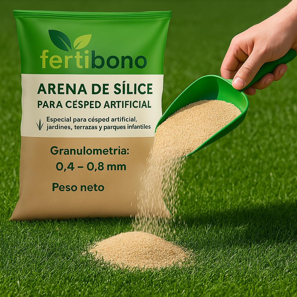 FERTIBONO Arena de Sílice para Césped Artificial 25 kg – Evita Césped Aplastado y Calor Sofocante – Alta Pureza 98,5% – Seca, Lavada y de Granulometría Controlada – Uso Residencial y Deportivo