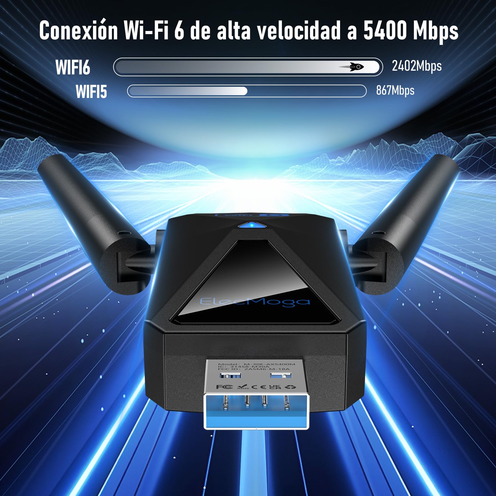 ElecMoga WLAN Stick WiFi 6, 5400 Mbps WLAN adapter PC, USB Stick 3.0, antena High Gain 2dBi, obsługuje Tri-Band Internet 2,4 GHz/5 GHz/6GHz, kompatybilny z Windows 10/11