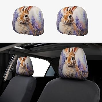 Car Headrest Cover Oil Painting Rabbit Purple Lavender Car Seat Headrest Cover Protector 2 Pcs Breathable Headrest Coverings for Women Men Headrest Cushion Case Universal Fit Truck SUV Auto