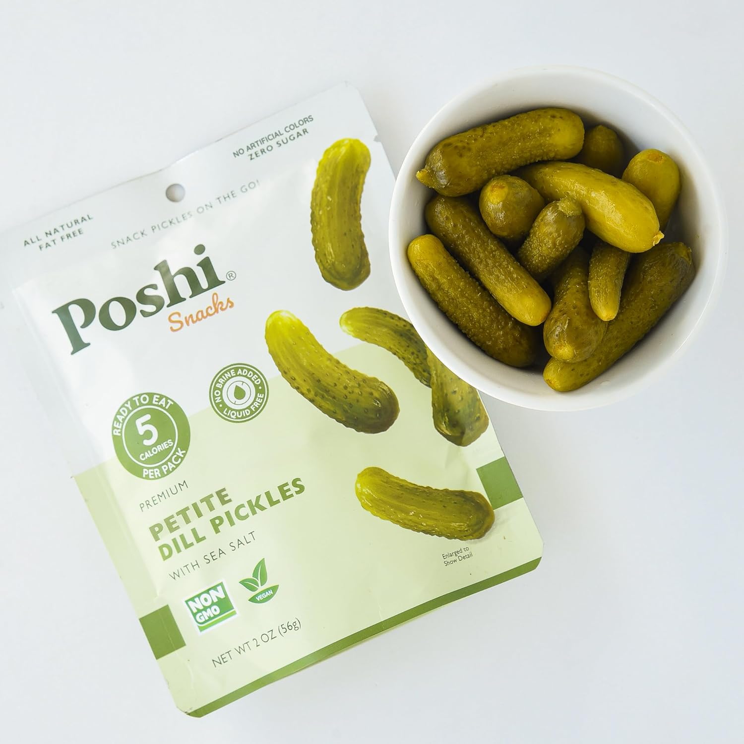 Poshi Petite Dill Pickles with Sea Salt - Ready-to-Eat Premium Mini Whole Pickles for Snacking, 5 Calories Per Pack, 10 Packs (2 oz Each)