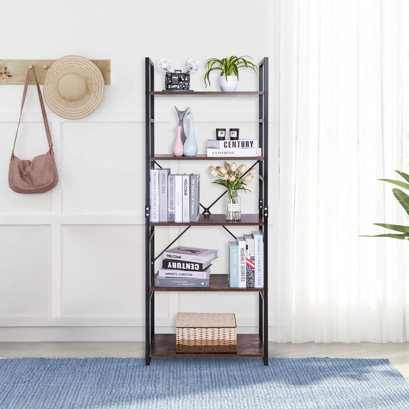 LLIVEKIT Bookshelf, Ladder Shelf, Wooden Shelf Unit, 5Tier Living Room Bookcase, Metal Frame